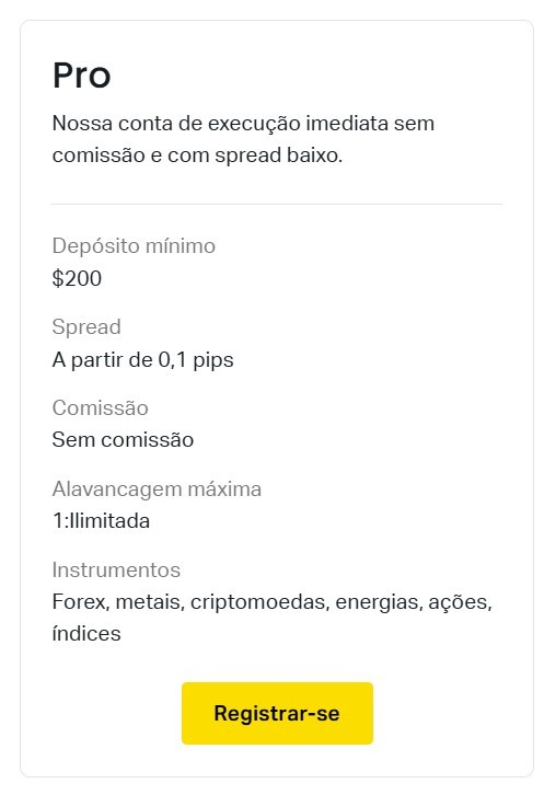 Tipos de conta Exness Pro