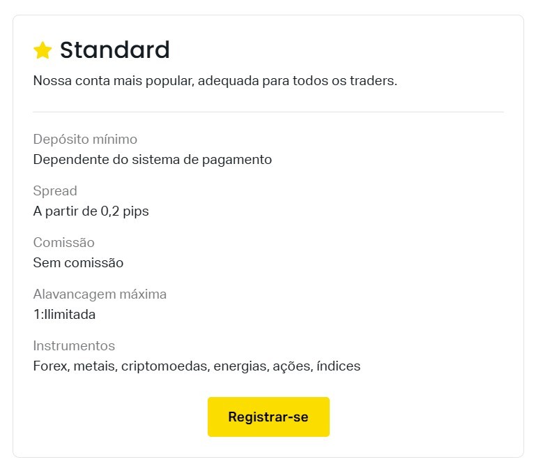 Tipos de conta Exness Standard